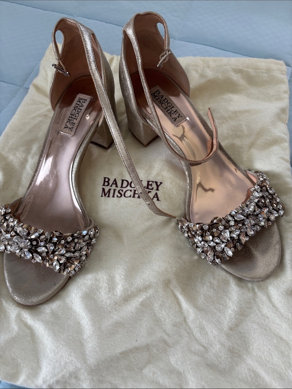Badgley Mischka Rose Gold Jeweled Block Heel Sandals